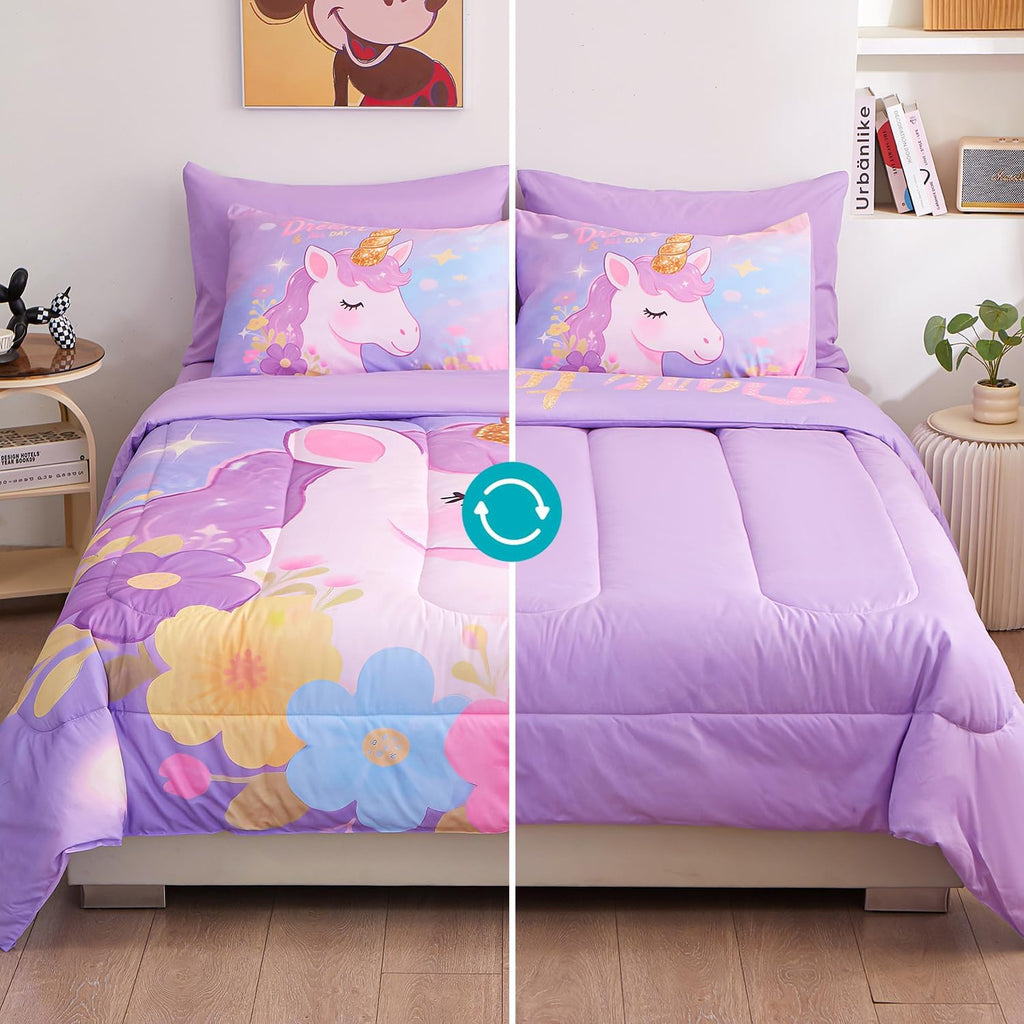 Comforter Set for Girls 5 Piece Unicorn Bedding Set for Girls Super Soft Microfiber Bed Set Bed in a Bag