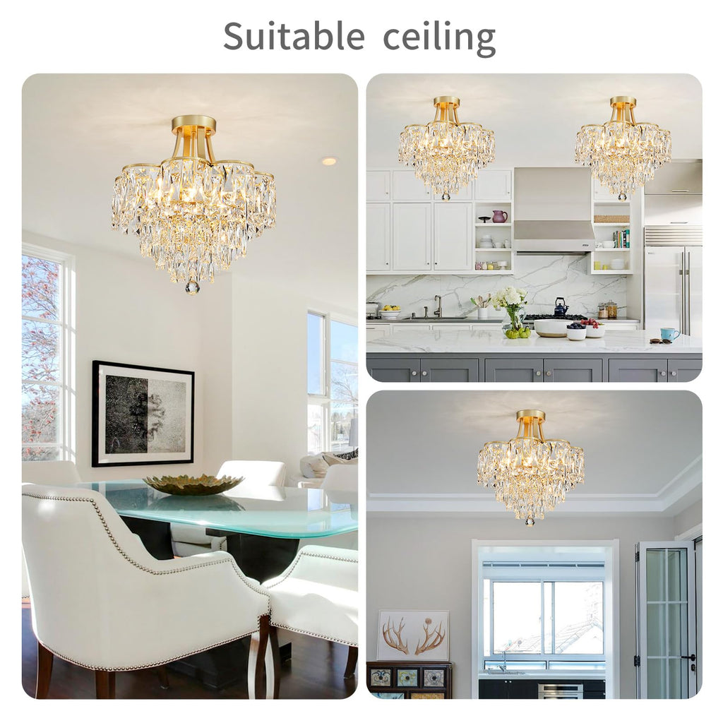 Crystal Chandelier Semi-Flushmount Ceiling Light Modern Lighting Fixture Hallway Entry Kitchen Bathroom, H 19.3" x W