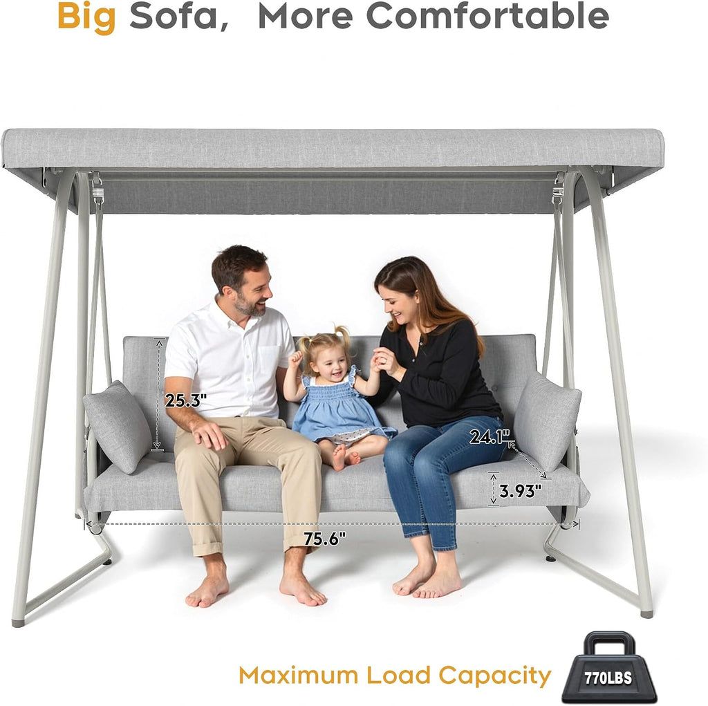 Porch Swing Sofa Bed with Stand and Canopy, Outdoor 3-Seat Bench Swing Heavy Duty, Patio Extra Large Swing Bed with