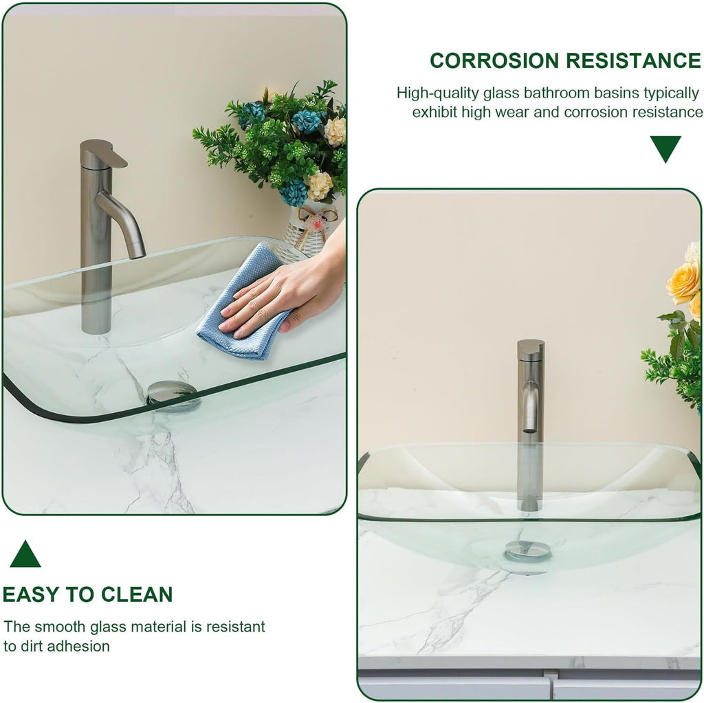 Bathroom Vessel Sink Tempered Glass Bowl Vessel Sink with Pop-up Drain Combo 20-1/4 x 14-1/2 Inch Transparent