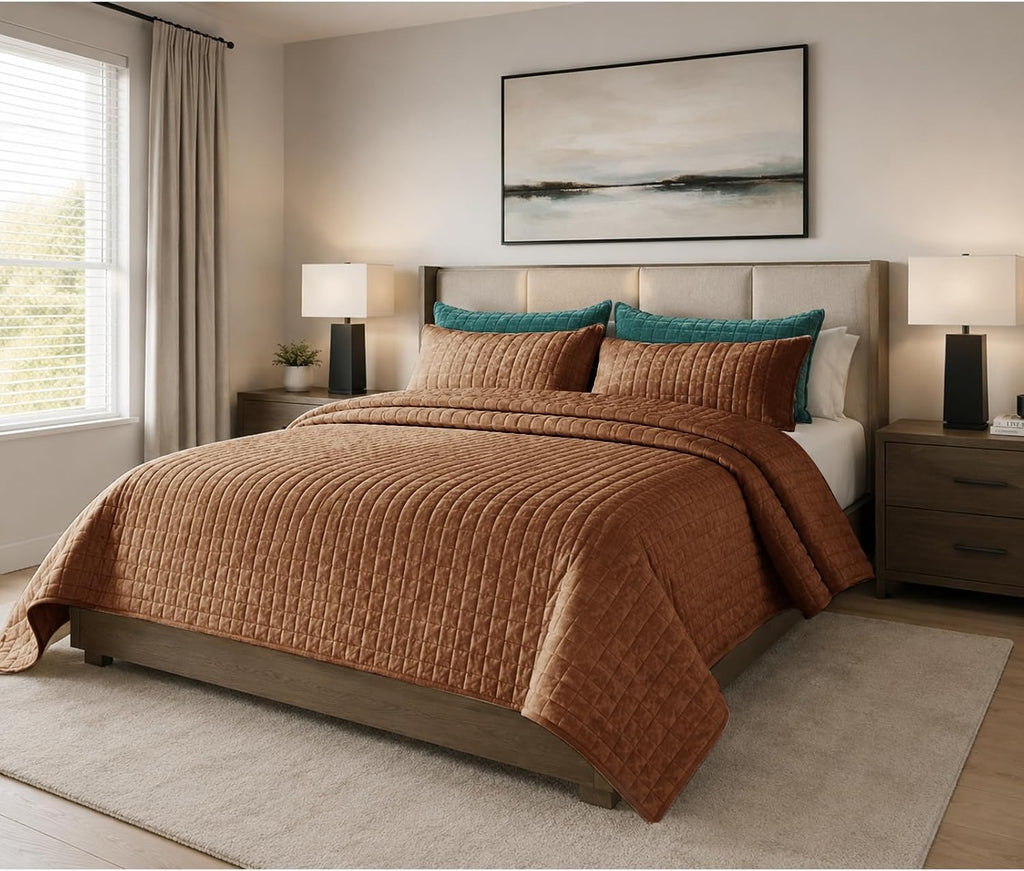 Quilt Set Oversized King 120x120 Luxurious Velvet Bedding Sets with 2 Pillow Shams 20x36 3 Pieces Ultra Soft Quilted