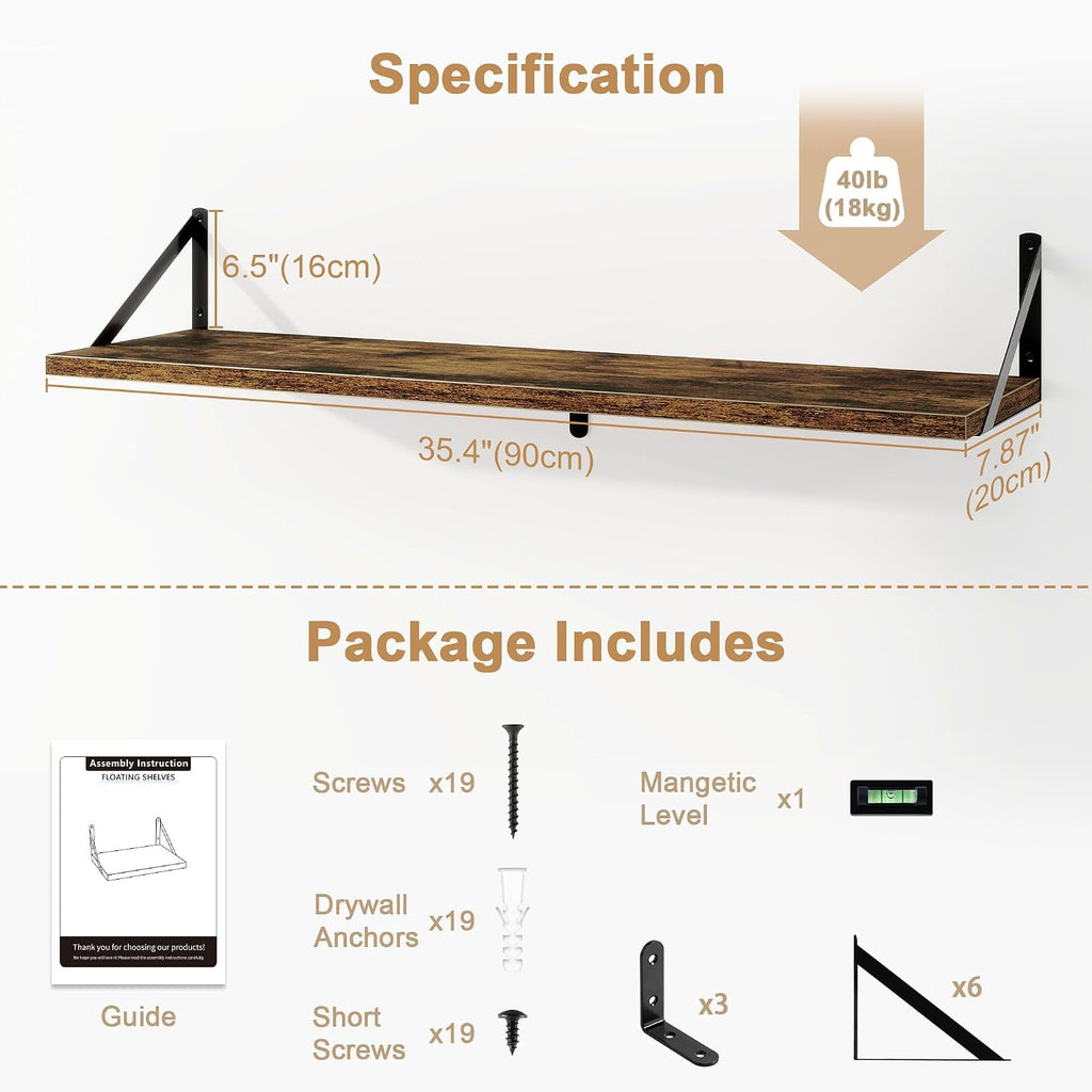 Floating Shelves for Wall, 36 Inches Long Set of 3 Wall Shelves , Floating Bookshelves with Metal Brackets  and