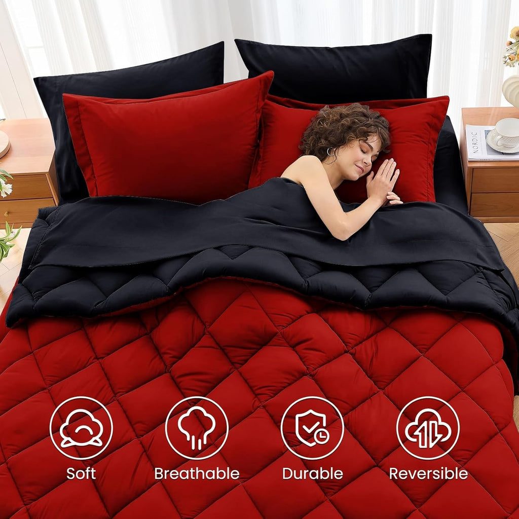 7 Pieces Comforter Set, Reversible Bed in a Bag, All Season Bedding Set with Comforter, Flat Sheet