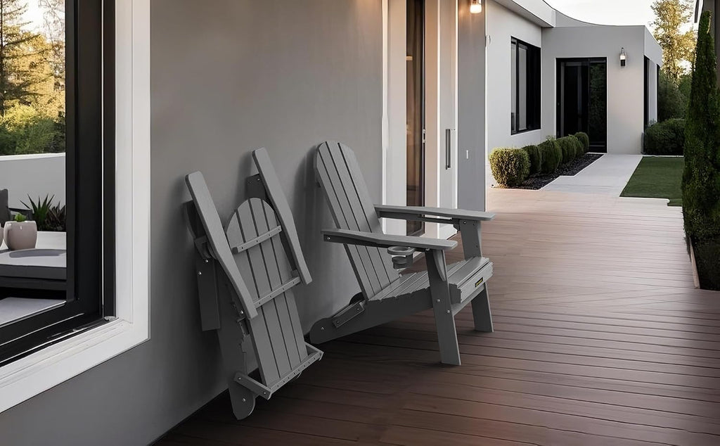 Folding Adirondack Chair Set of 2, Wooden Textured Plastic Adirondack Chairs with 2 Cup Holder, Weather Resistant
