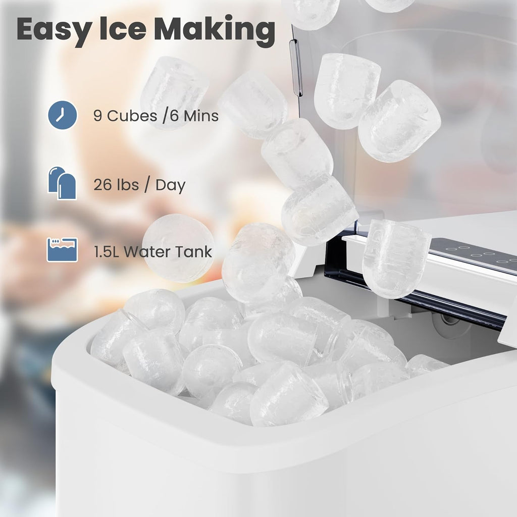 Countertop Ice Maker with Handle, 26lbs/24H Portable Ice Machine, 9 Bullet Ice Cubes Ready in 6 Mins, Self-Cleaning