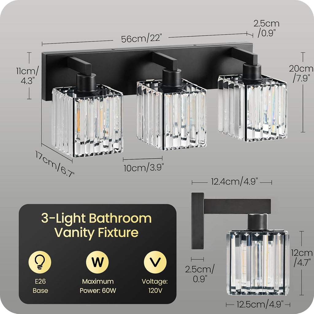 Modern Crystal Vanity Light, 3-Light Bathroom Light Fixture, 22" Square Vanity Lighting Fixture, E26 Base, Bulbs Not