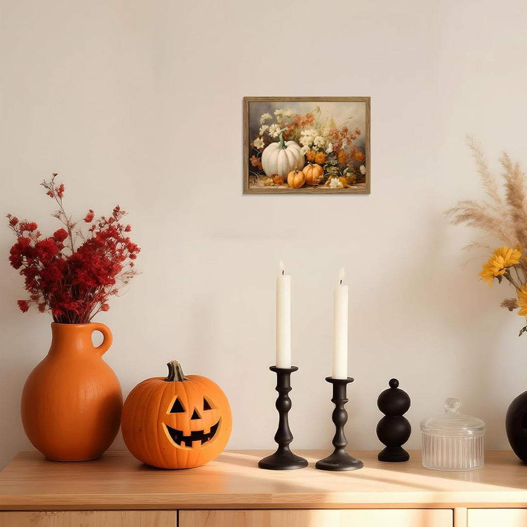 Framed Fall Pumpkin Wall Art - White Pumpkin and Autumn Floral Canvas Print, Rustic Farmhouse Harvest Halloween
