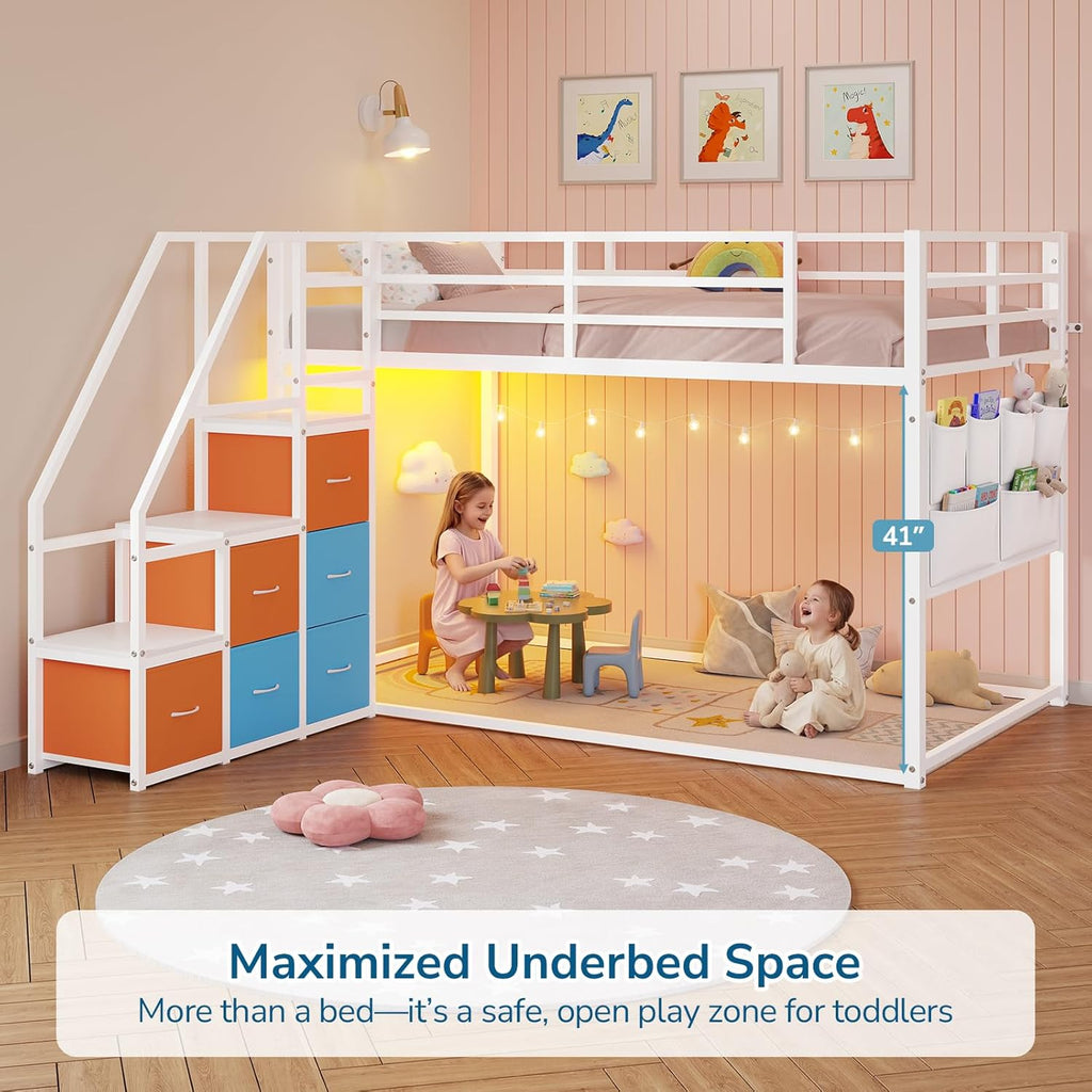 Low Bunk Bed Twin Over Twin with 6 Storage Drawers and 6-Pocket Organizer, Reversible Storage Staircase(Left or Right)