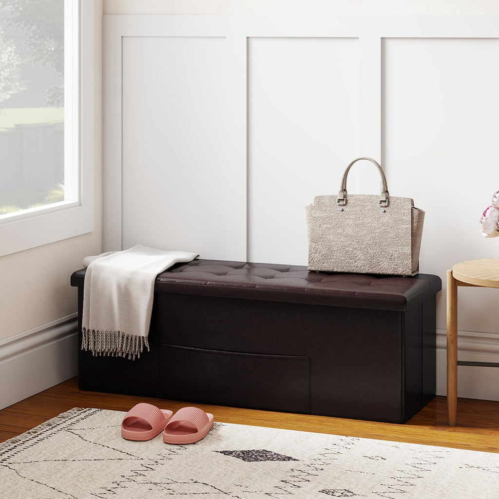 43 Inches Folding Storage Ottoman Bench, Upholstered PU Leather Storage Chest with Side Pocket, Padded Seat, End of