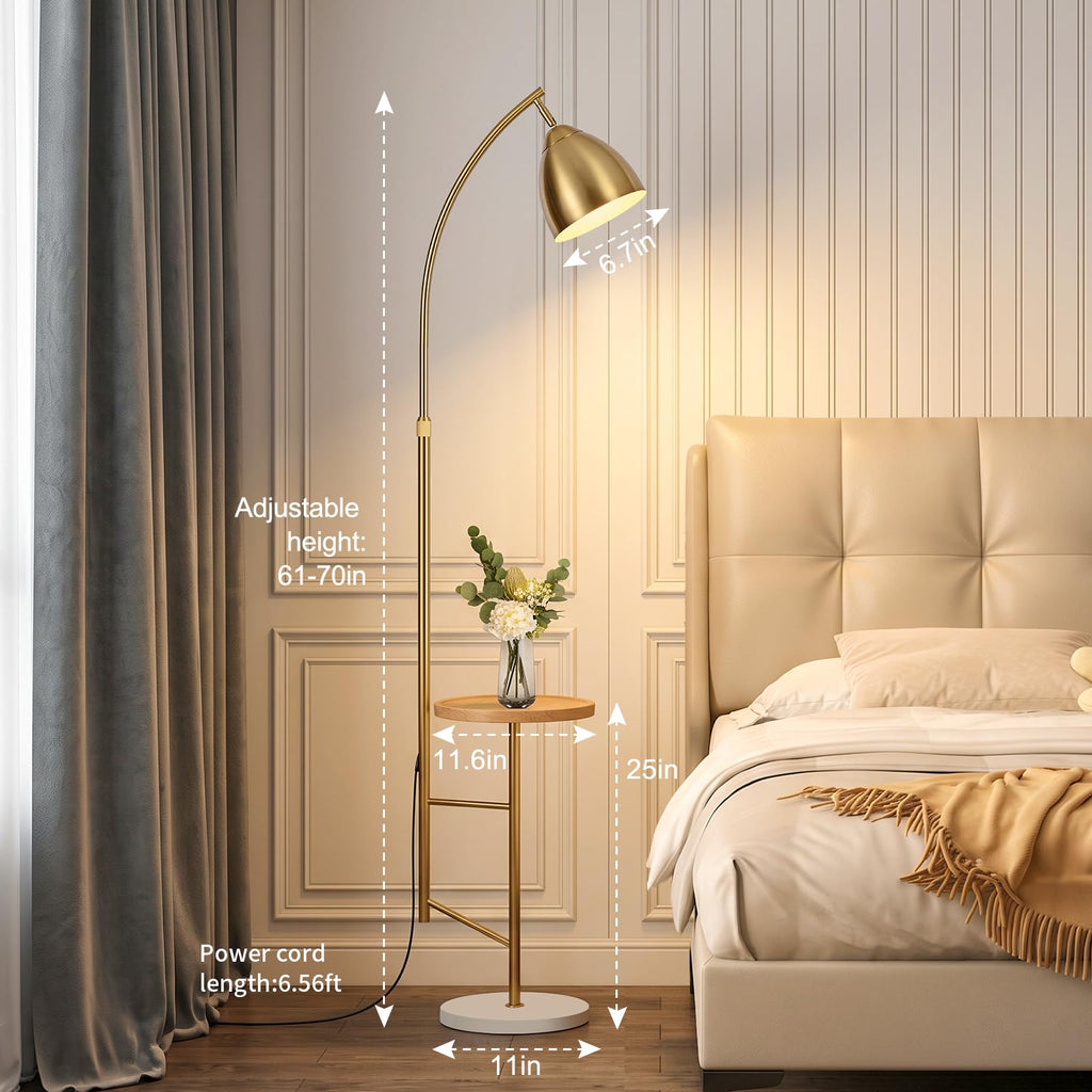 Brushed Gold Standing Lamp with Table, Adjustable Head, Bulb Included