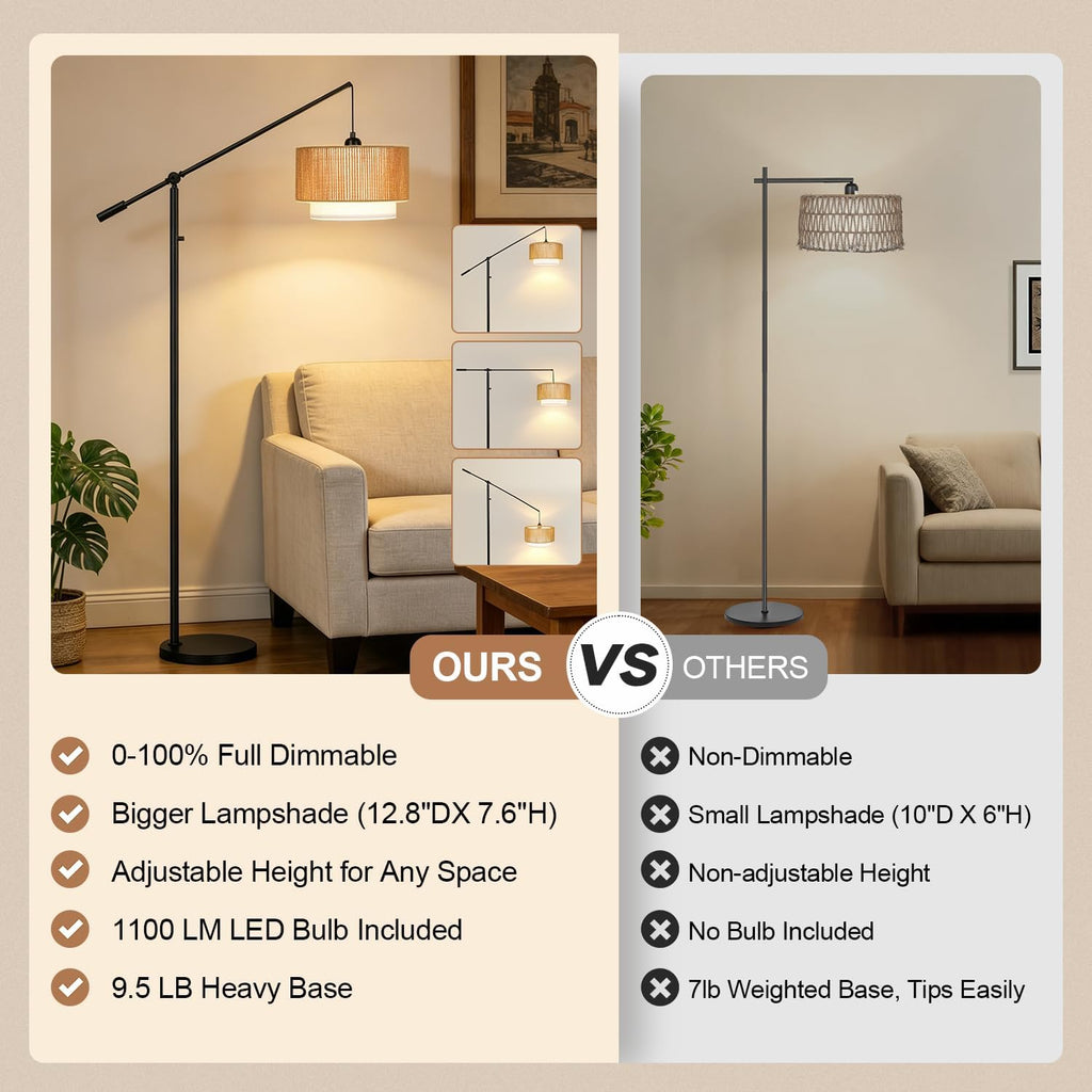 【Upgraded】Arc Dimmable Floor Lamps with Adjustable Swing Arm, 1100 Lumens Bulb Included