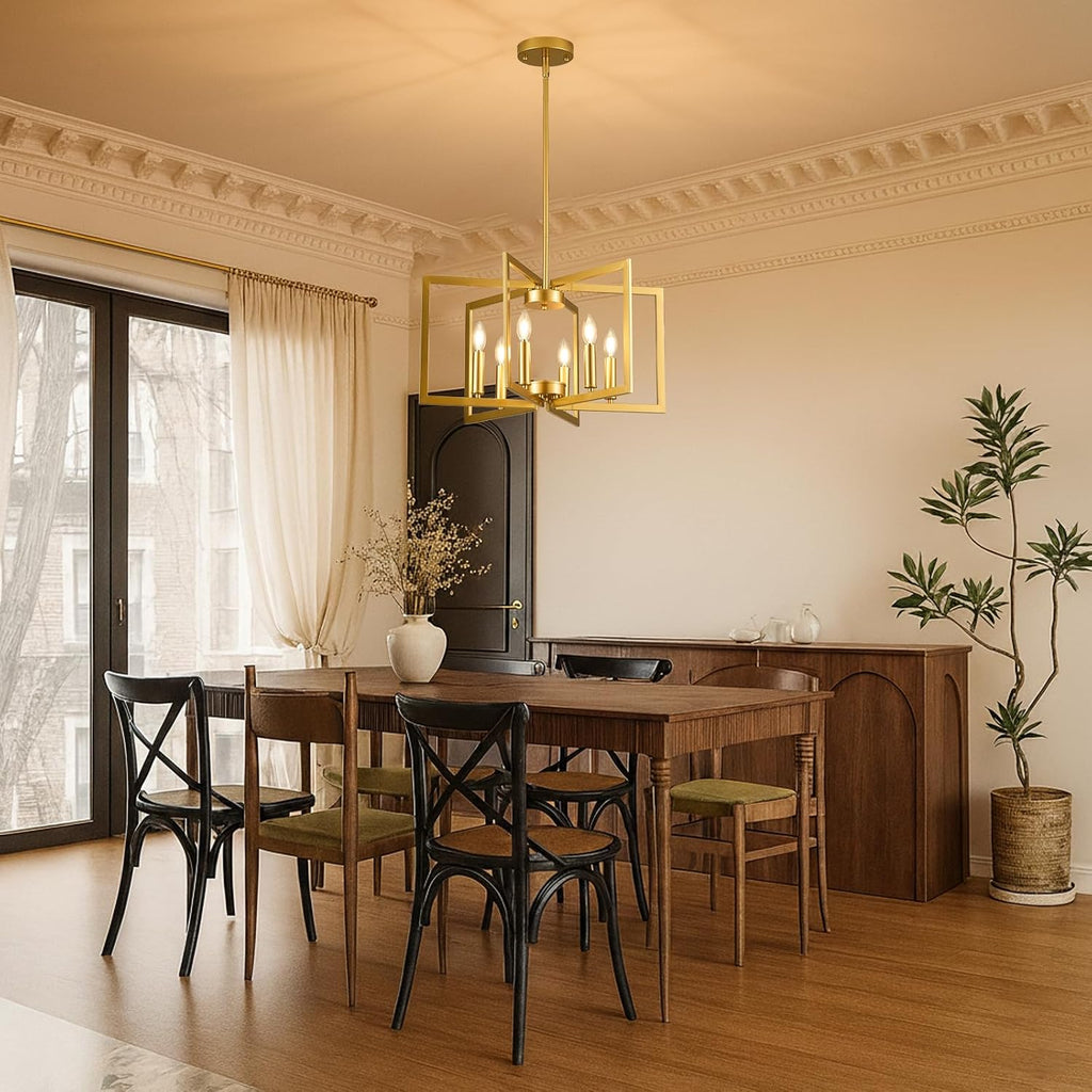 Modern Gold Chandelier 6 Light Height Adjustable Geometric Metal Farmhouse Hanging Light Fixture for Dining Room Over