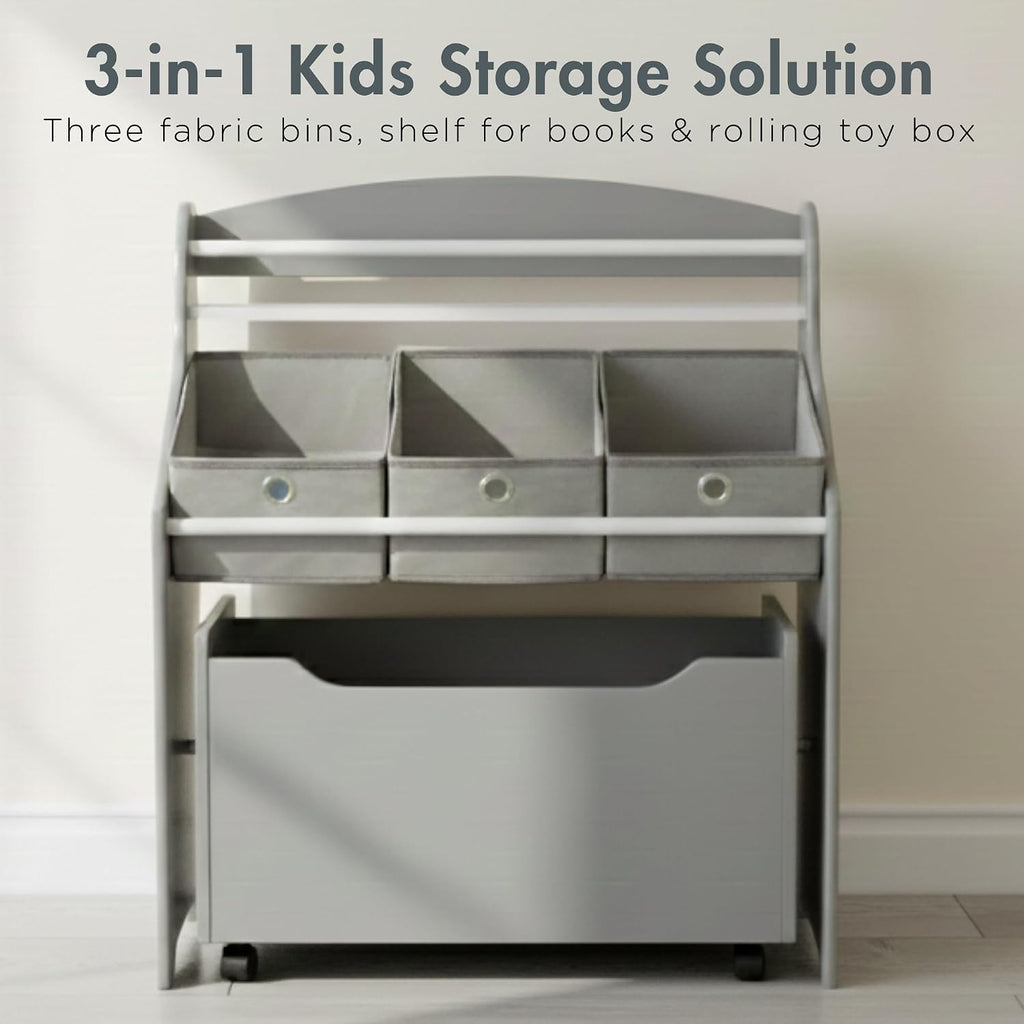 3 in 1 Kids Bookshelf, Toy Organizer and Rolling Toy Box, Wood | Toddler storage with removable fabric bins and pull
