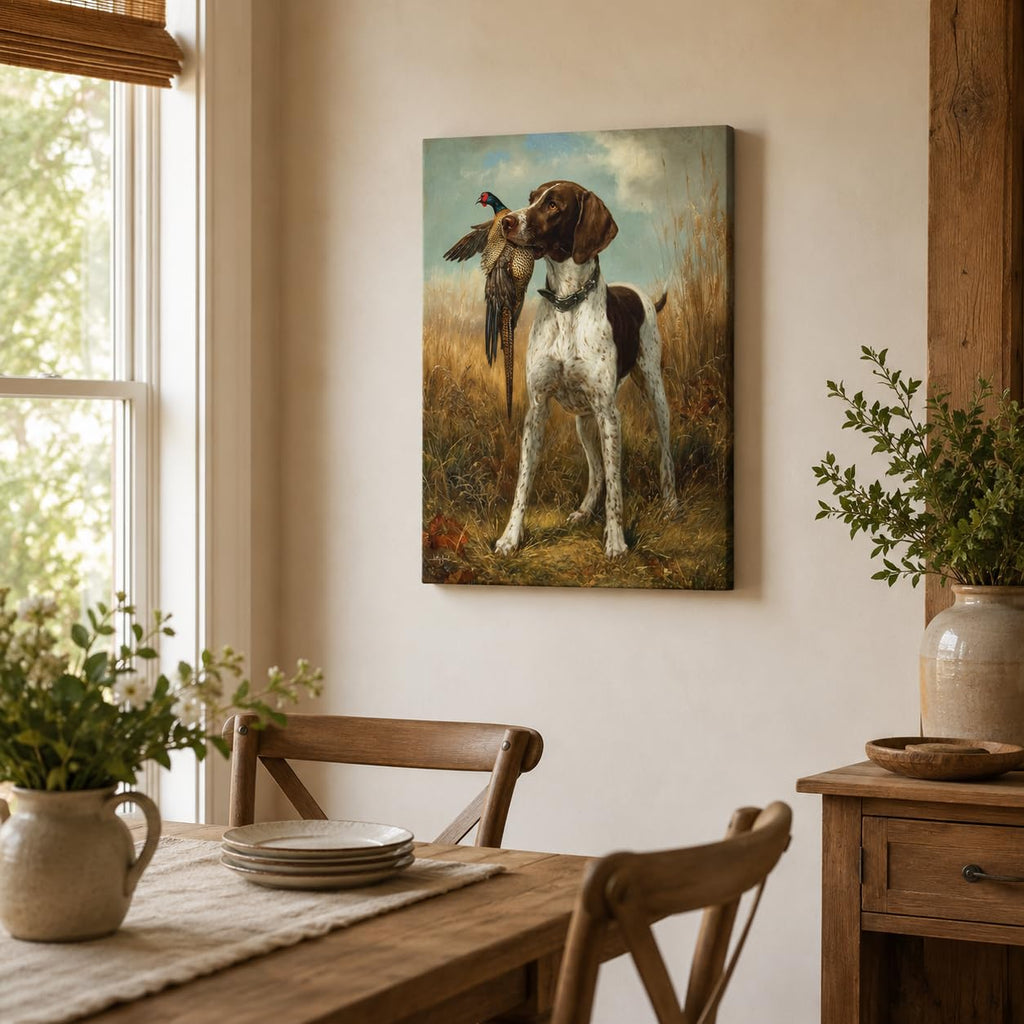 Classic German Shorthaired Pointer with Pheasant Canvas Wall Art - Vintage Hunting Scene Rustic Decor Office Man Cave