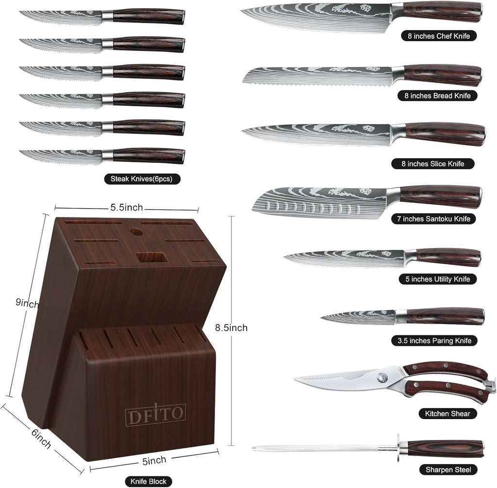 Kitchen Knife Set, 15 Pieces Knife Set with Block and Sharpener | High Carbon Stainless Steel Chef Knives Sets with