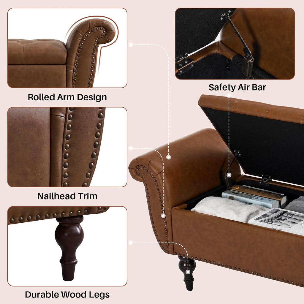 63.8" Storage Bench Faux Leather End Of Bed Bench With Storage | Upholstered Ottoman Foot Rest With Rolled Arms