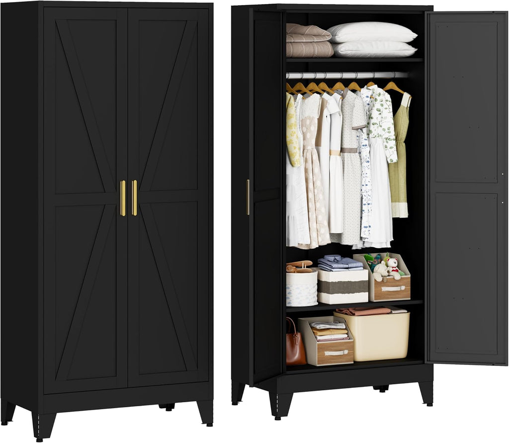 71" Armoire Wardrobe Closet, Metal Wardrobe Closet with Hanging Rod | Wardrobe Closet with Doors, Wardrobe Cabinet