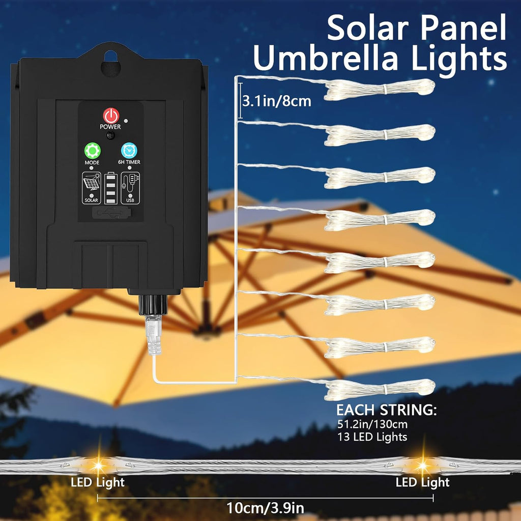 Solar Umbrella Lights Outdoor, Waterproof Solar Powered Patio Umbrella Lights Strings with 104 LEDs 8 Lighting Modes