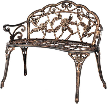 38.5" Patio Park Garden Outdoor Metal Rose Bench, 2-Person Cast Iron Cast Aluminium Frame Antique Finish