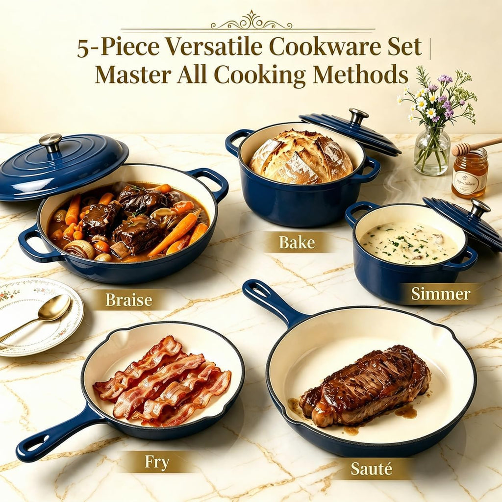 5-Piece Navy Blue Enameled Cast Iron Cookware Set | Includes 8" frying pan, 10" skillet, 2.8QT and 3.5QT Dutch ovens