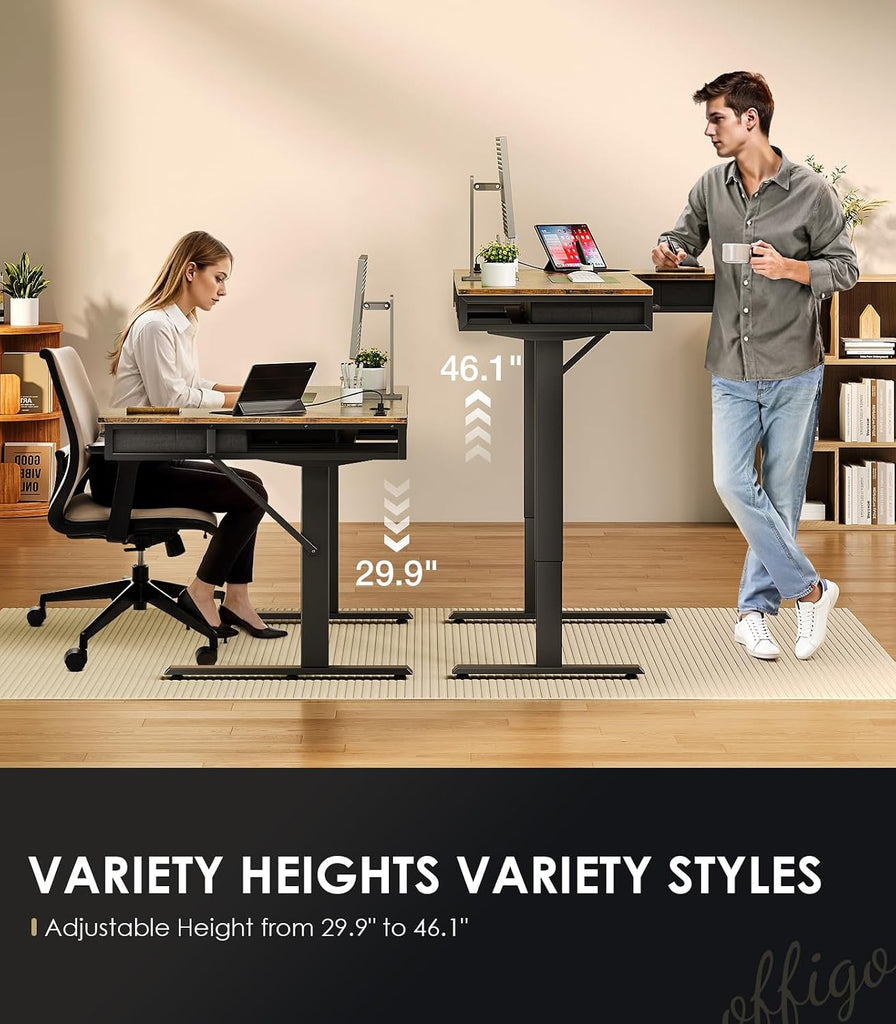 55 Inch L Shaped Electric Standing Desk with 4 Drawers, Rustic Brown | Reversible Corner Table, Office Desk With 4