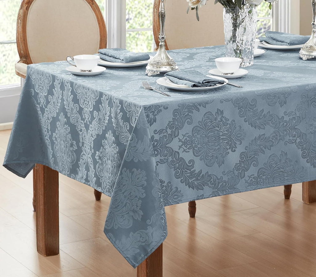 Barcelona Damask Fabric Tablecloth, 60 x 84 Inch Rectangle, Blue - No Iron, Soil Resistant Table Cov