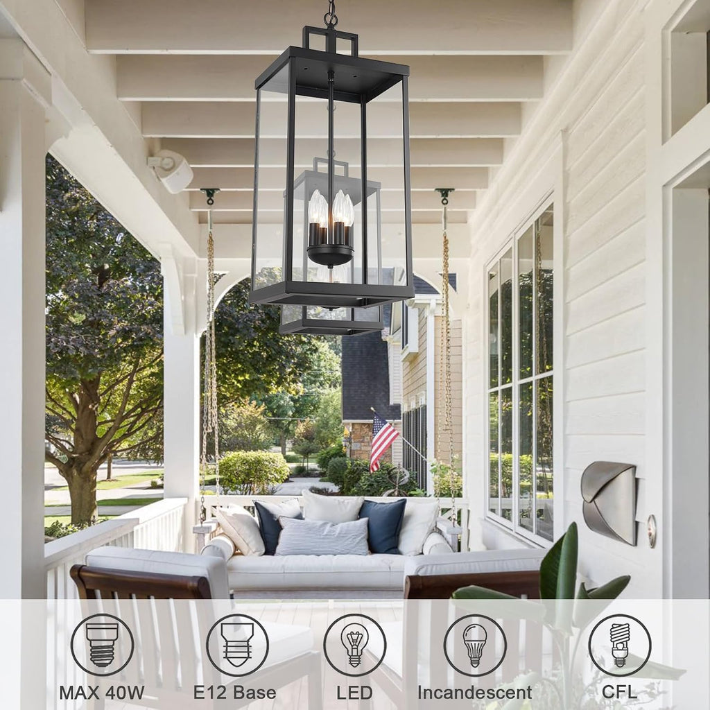 Outdoor Pendant Light, 25'' Large Hanging Lights Lantern Light, Modern Outside Chandelier with Clear Glass