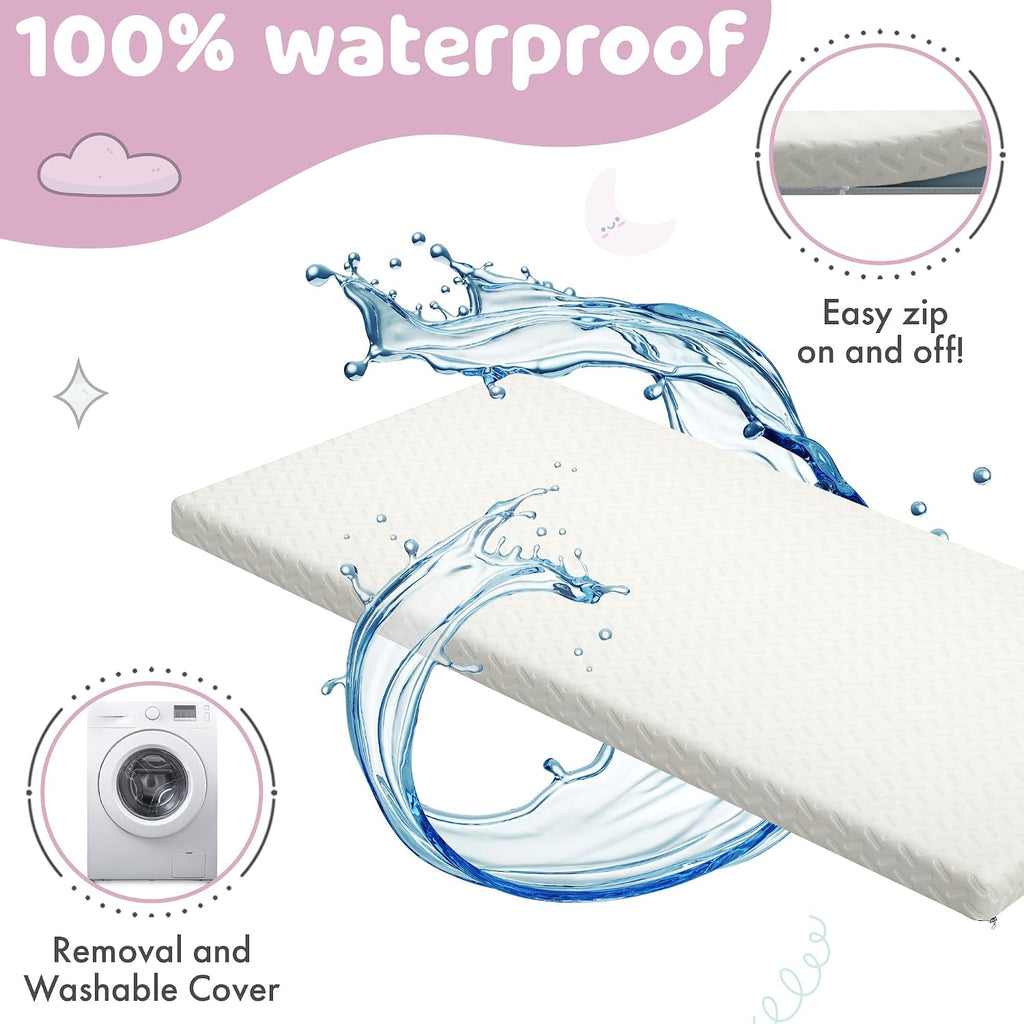 2" Crib Mattress Topper Memory Foam - Waterproof & Breathable Soft Cover | Fits Standard Size Cribs & Toddler Beds