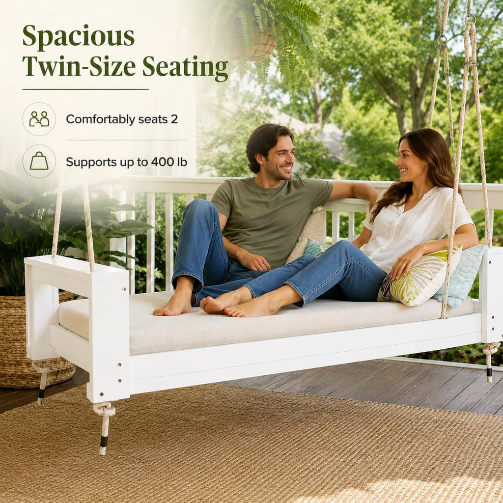 Twin Size Porch Swing Bed, Acacia Wood Outdoor Hanging Daybed Swing with 4 Hemp Ropes and Rope Clips, Wooden Patio