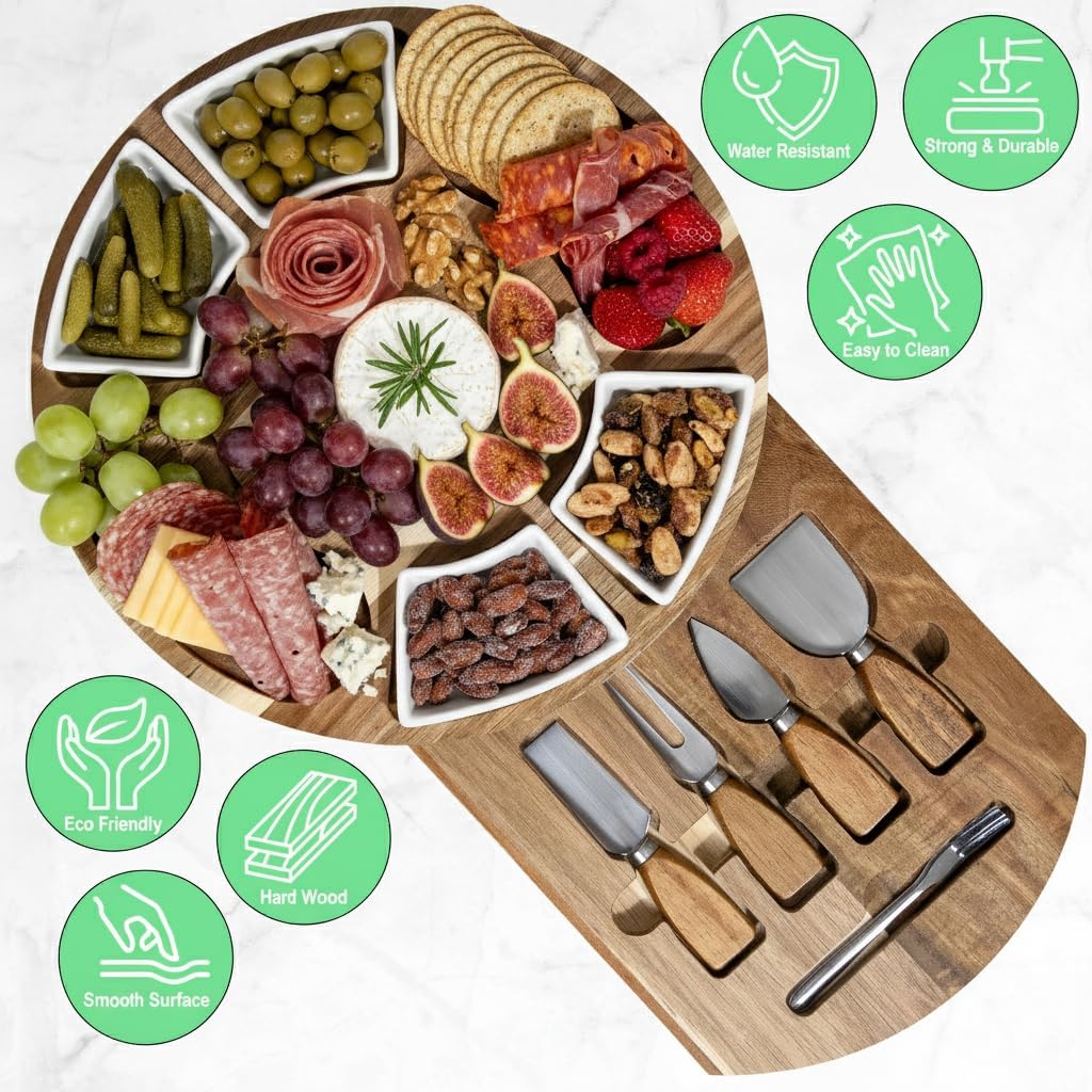 Acacia Cheese Board & Knife Set, Round Charcuterie Board with Ceramic Bowls, Hidden Slide-Out Drawer & Serving