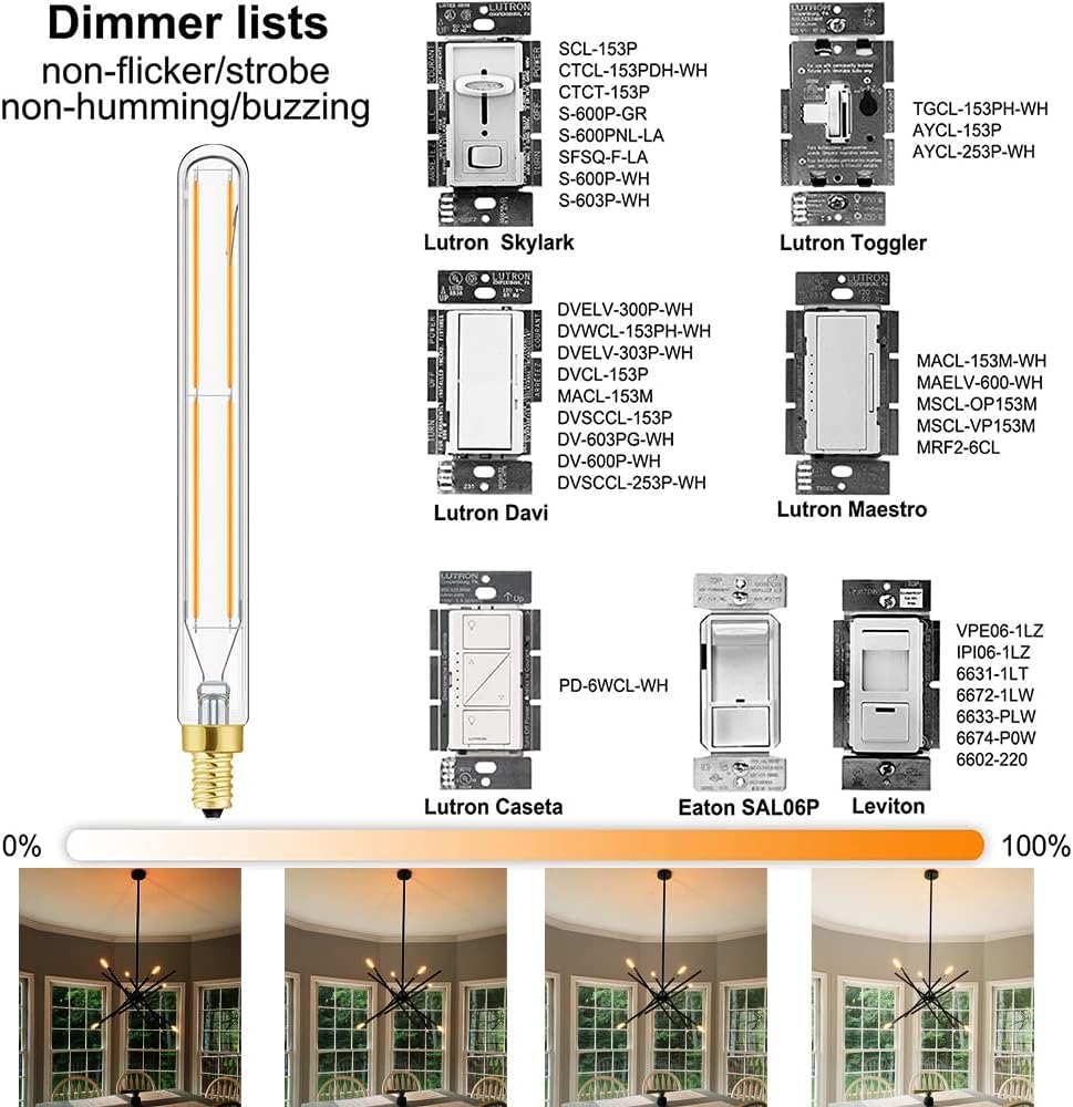 E12 LED Tube Bulbs,T6 Tubular Edison Style LED Filament Bulb, 6W Dimmable Antique LED Bulb,E12 Base,Clear Glass,Warm (Pack Of 6)