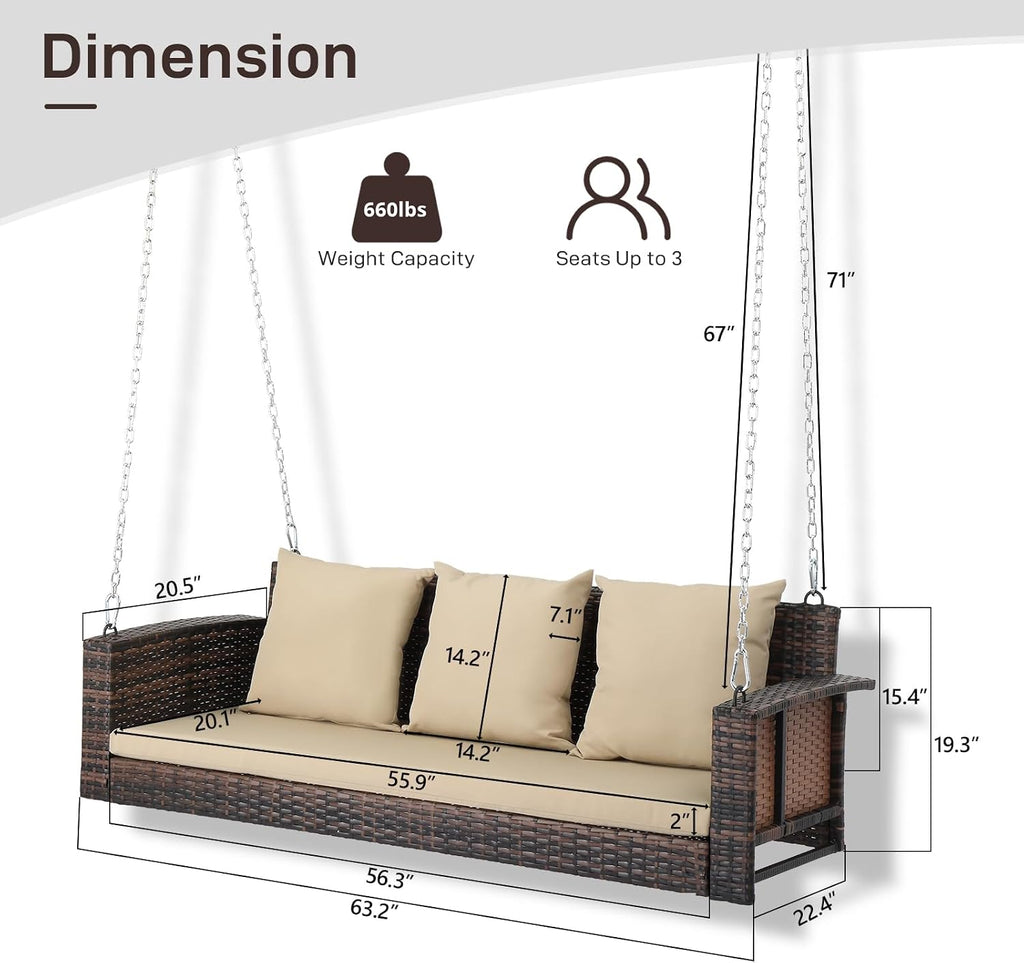 5FT Wicker 3 Person Porch Swing with Cushions, Pillows and Chains | Hanging outdoor swing supports 1000 lbs