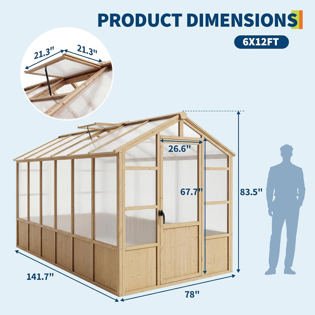 Heavy Duty Walk-in Wooden Greenhouse Kit, 4mm Polycarbonate Panels Green House with Adjustable Vents and Lockable