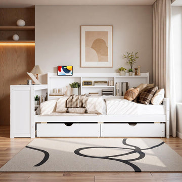Twin Size Daybed with Desk, Corner Bed with Storage, White | Storage Shelves and Drawers, Charging Station & USB