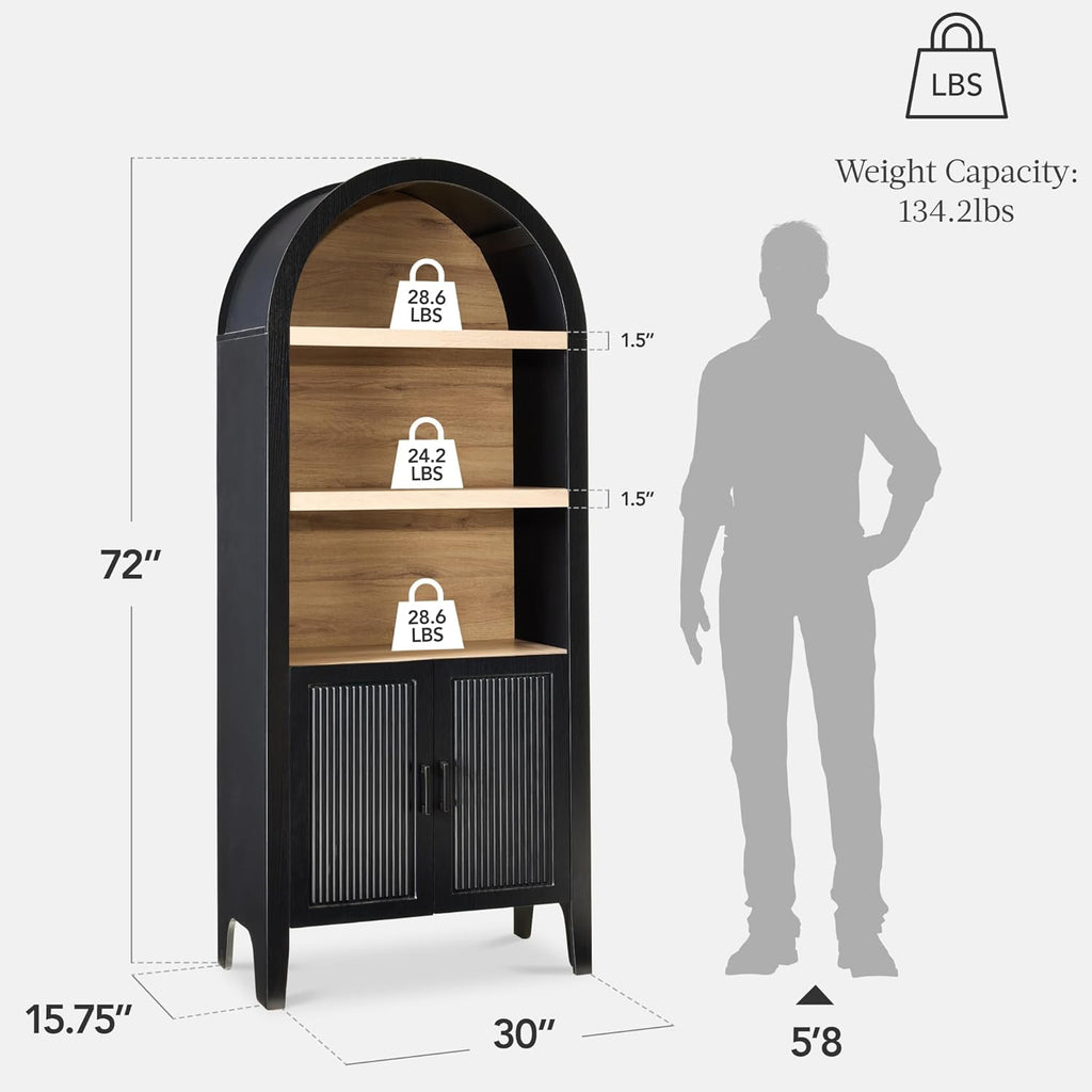 72" Tall Arched Pantry Cabinet w/Reeded Doors, 5-Tier Bookshelf, Armoire, Hutch, Bookcase