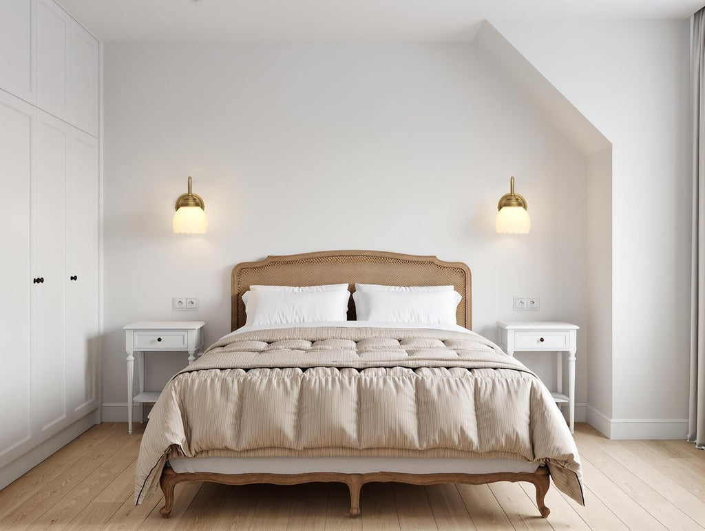Vintage Brass Boho Wall Sconces, Hardwired Wall Lights with Tulip Glass Lampshade, Brass Vanity Lamp Modern Wall