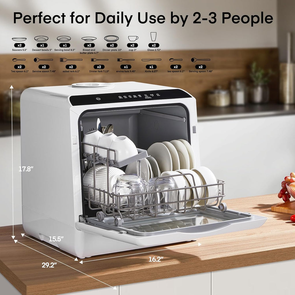 Countertop Dishwasher with Delay Start, No Hookup Needed, 5+1 Wash Programs, 360° Dual Spray, 167° High-Temp Wash