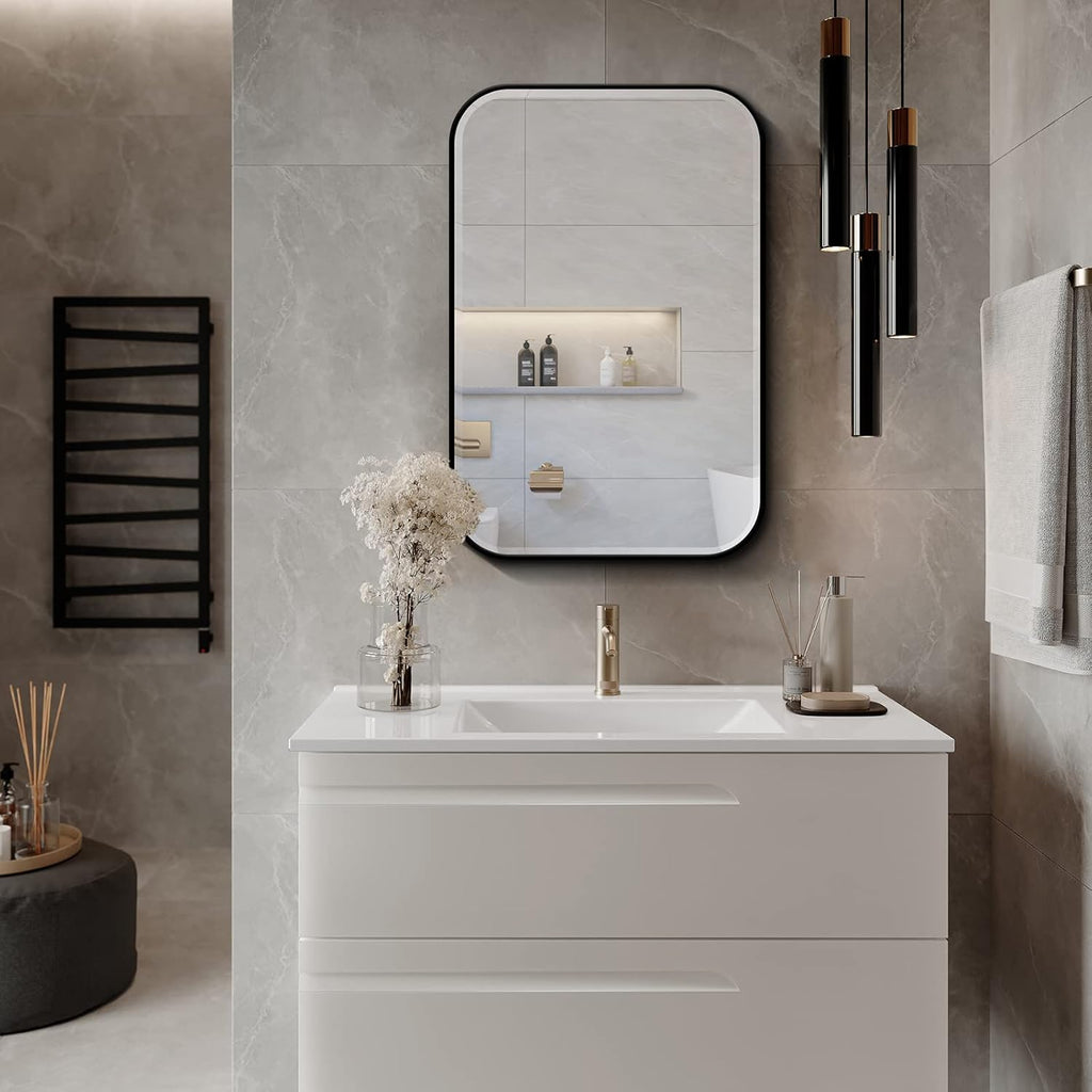 Plastic Black Medicine Cabinet 16x24 Beveled Mirror, Recessed/Surface Mount | Black Metal-Framed Bathroom Mirror
