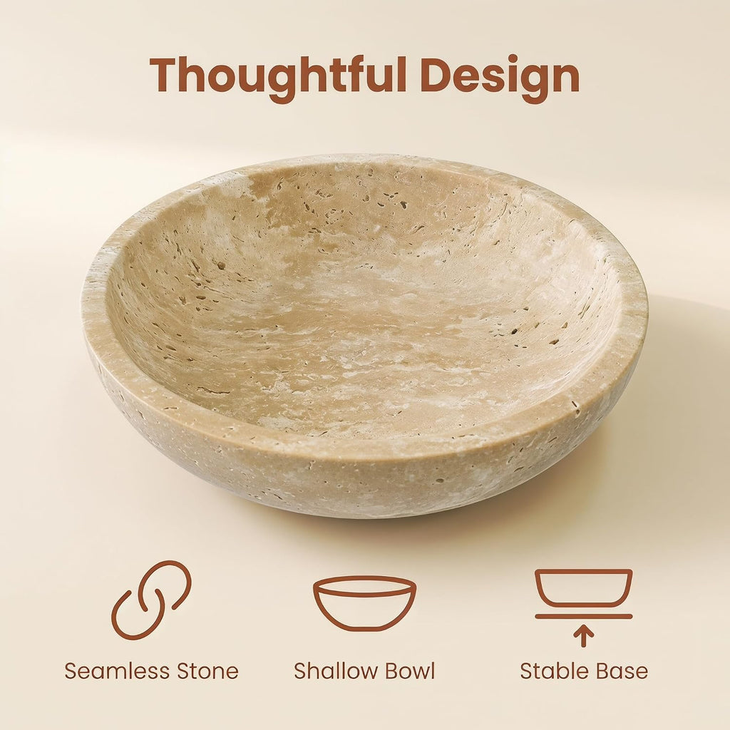 Large 7.87" Natural Travertine Stone Decorative Bowl, Beige Travertine Catchall Tray Decor, Coffee Table Centerpiece