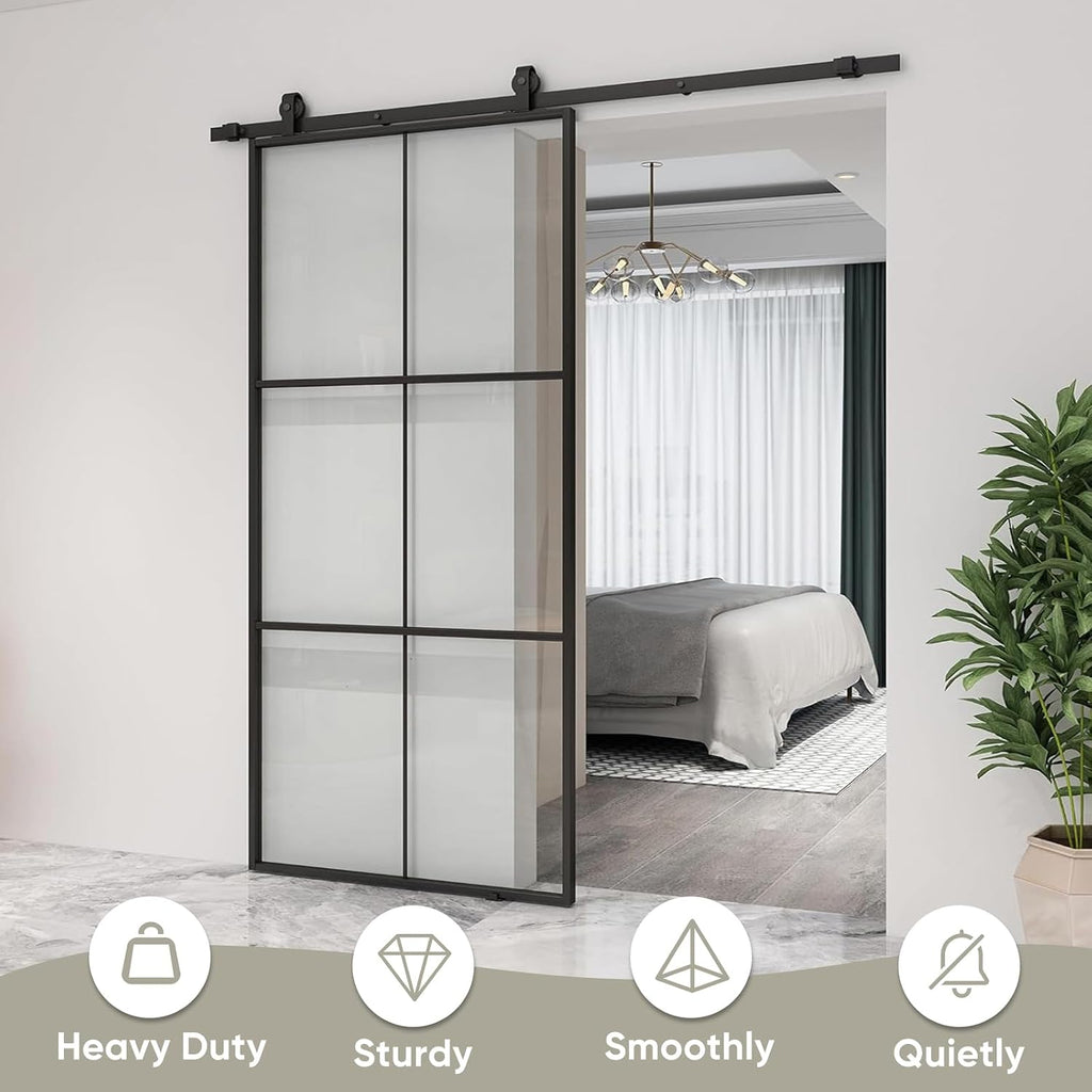38in x 96in Glass Sliding Barn Door with 6.6ft Hardware kit, 3-Panel Black Aluminum Frame and Clear Tempered Glass