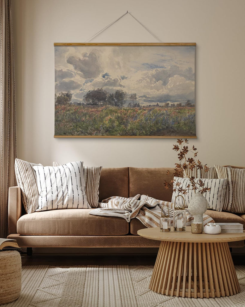 Extra Large Vintage Framed Wall Art, 36x54 Inch Farmhouse Retro Watercolor Sky Field Landscape Hanging Wall Art