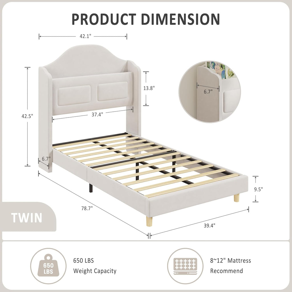 Twin Bed Frame for Kids, Upholstered Platform Bed for Boys/Girls, Beige | Velvet Wingback Headboard with LED Light &
