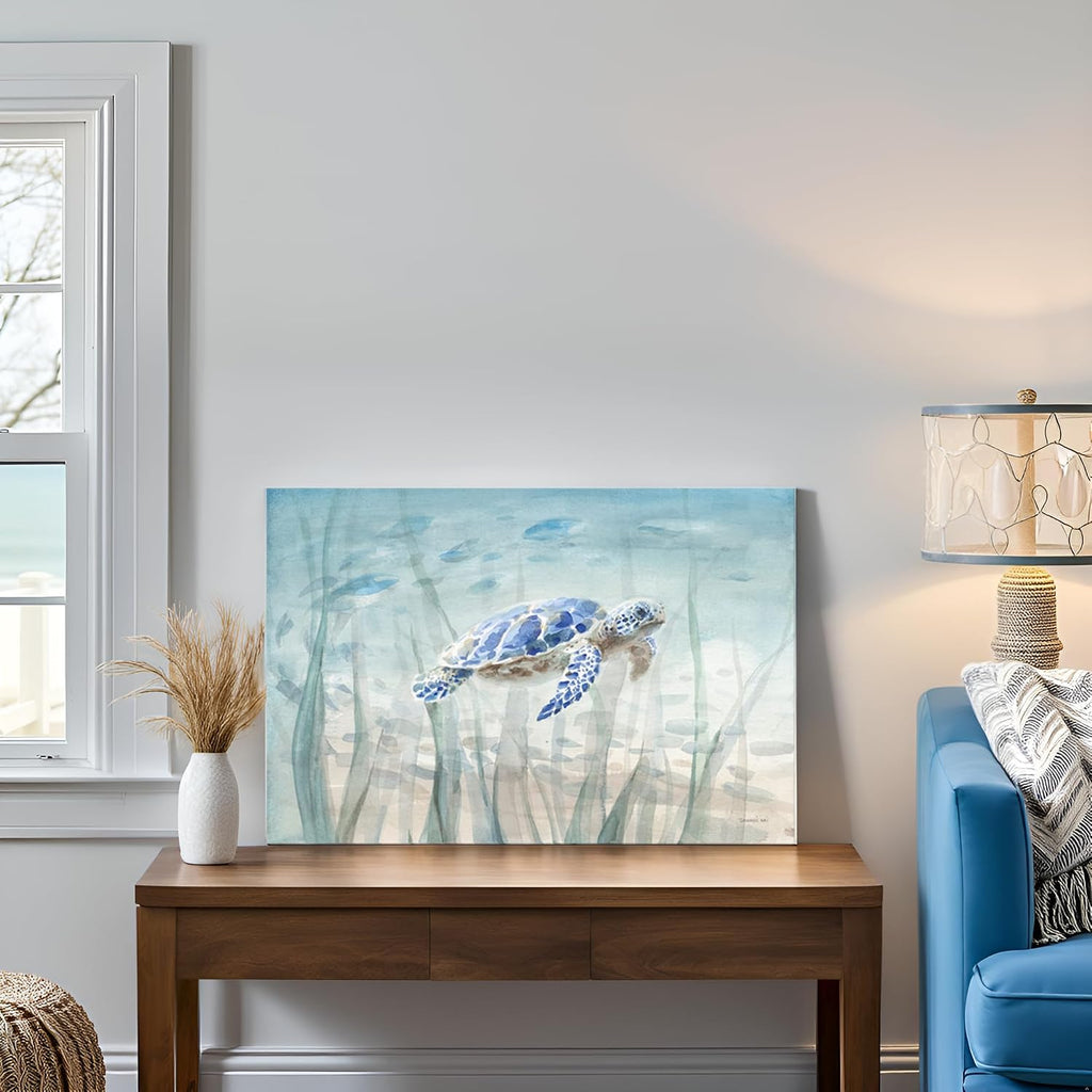 Ocean Wall Decor Blue Turtle Canvas Art Sea Grass Pictures Coastal Print Painting Nautical Artwork Ready to Hang