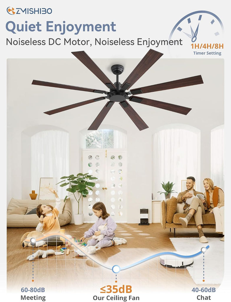 72 Inch Ceiling Fan No Light with Remote, Black Large Ceiling Fan Without Light with Quiet Reversible DC Motor
