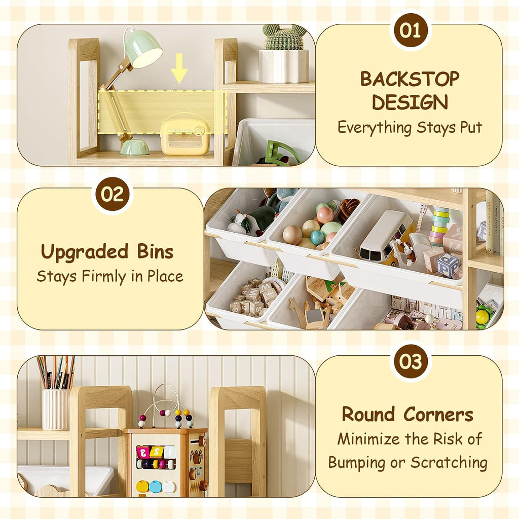 Large Toy Storage Organizer, Top Rack, 6 Side Shelves, 9 Bins | Solid wood kid-height storage for toys, books and