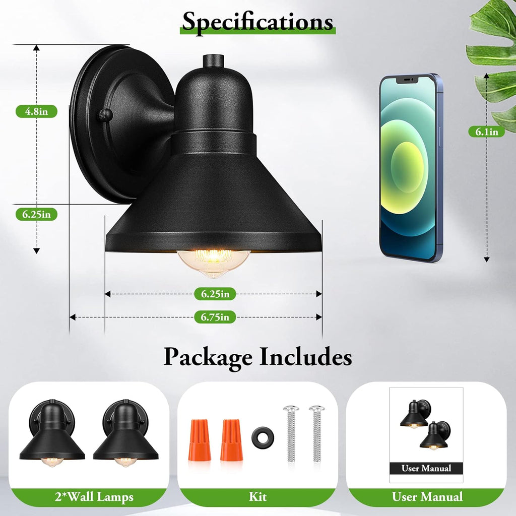 Outdoor Lanterns, 2-Pack Exterior Light Fixtures, Waterproof Anti-Rust Black Wall Mount Lights