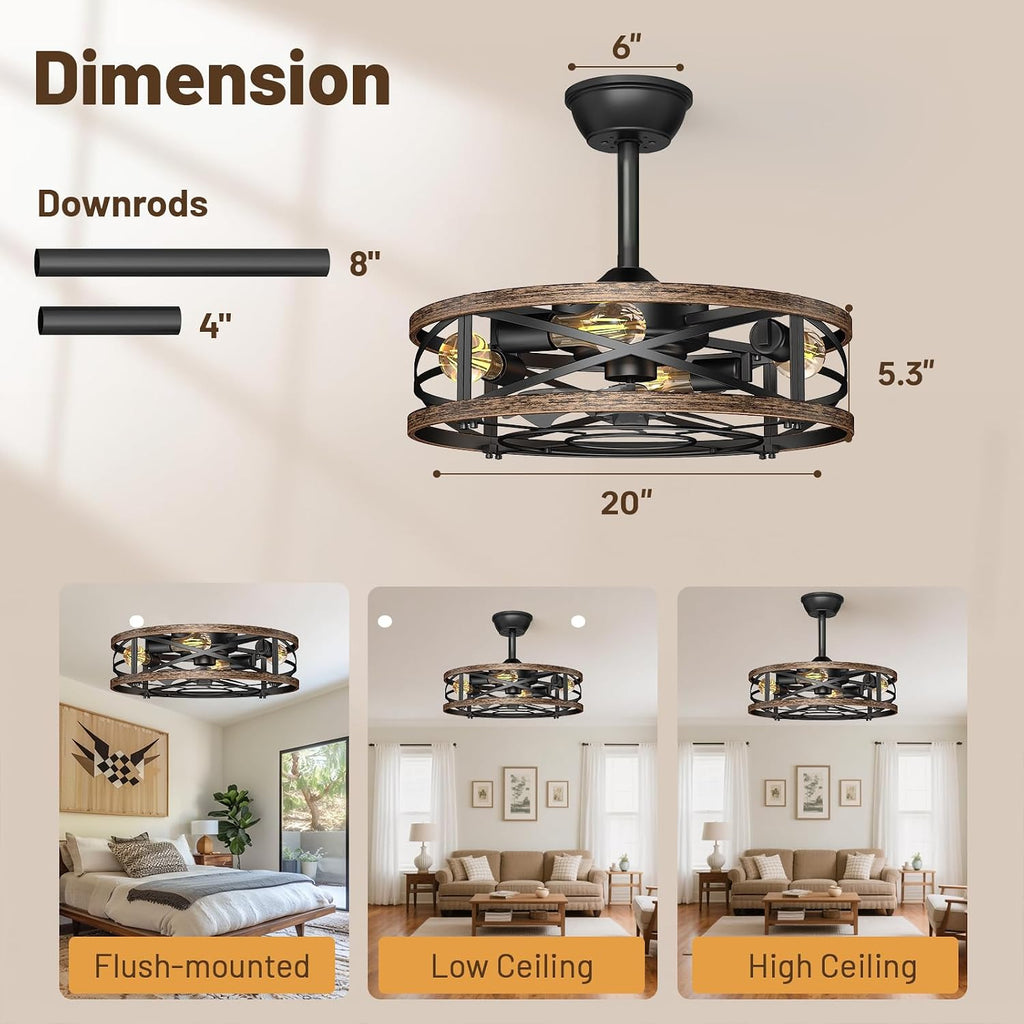 20in Caged Ceiling Fan with Lights, Low Profile Ceiling Fan