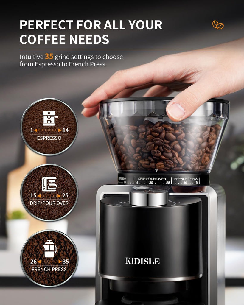 Conical Burr Coffee Bean Grinder, 35 Settings, Anti-Static, Black