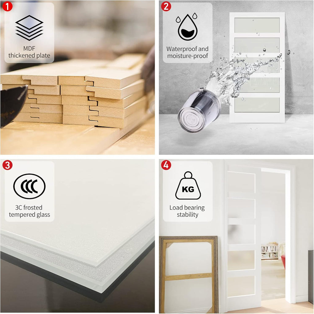 Sliding Pocket Door 32" x 80" - 5 Lites Tempered Frosted Glass Panels, Interior & Closet Single Door