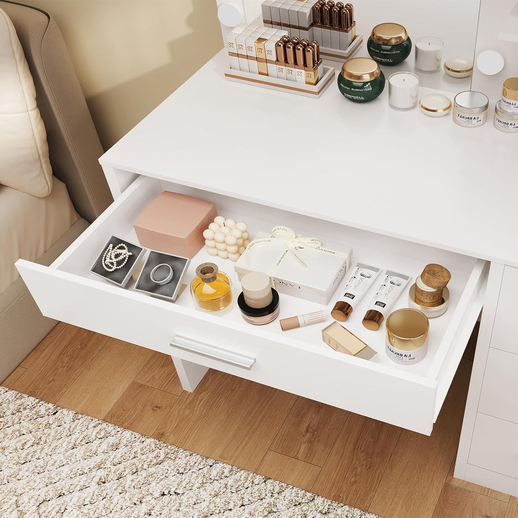 Vanity Desk with Mirror and Lights, Makeup Vanity with 4 Drawers, Cabinet & 4 Necklace Hooks, White Vanity with